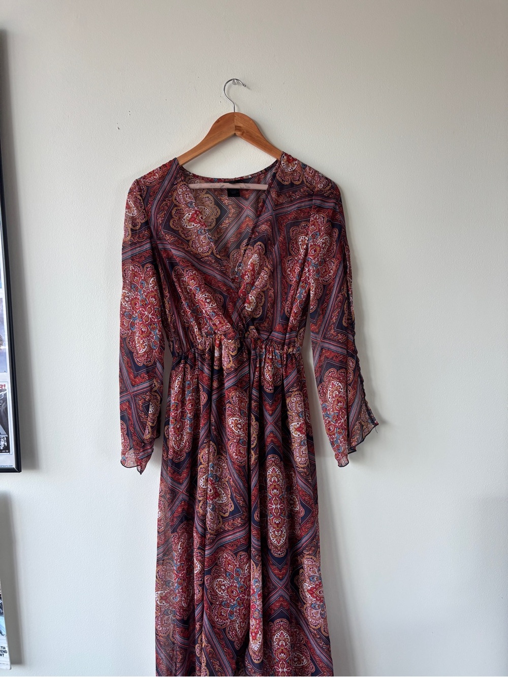 Boho Paisley Wrap-Front Maxi Dress in Red and Navy